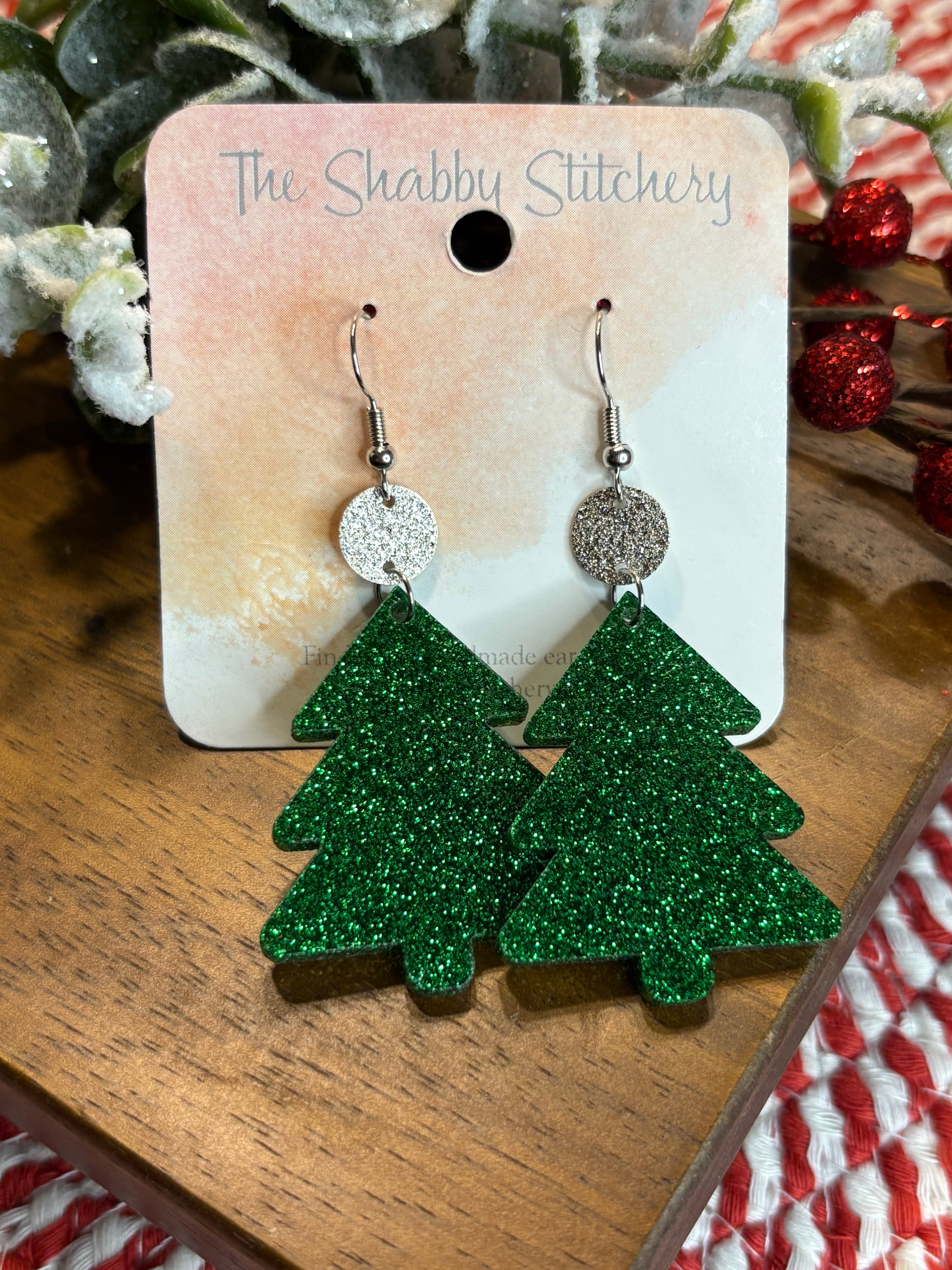 Green Glitter Christmas Tree Earrings