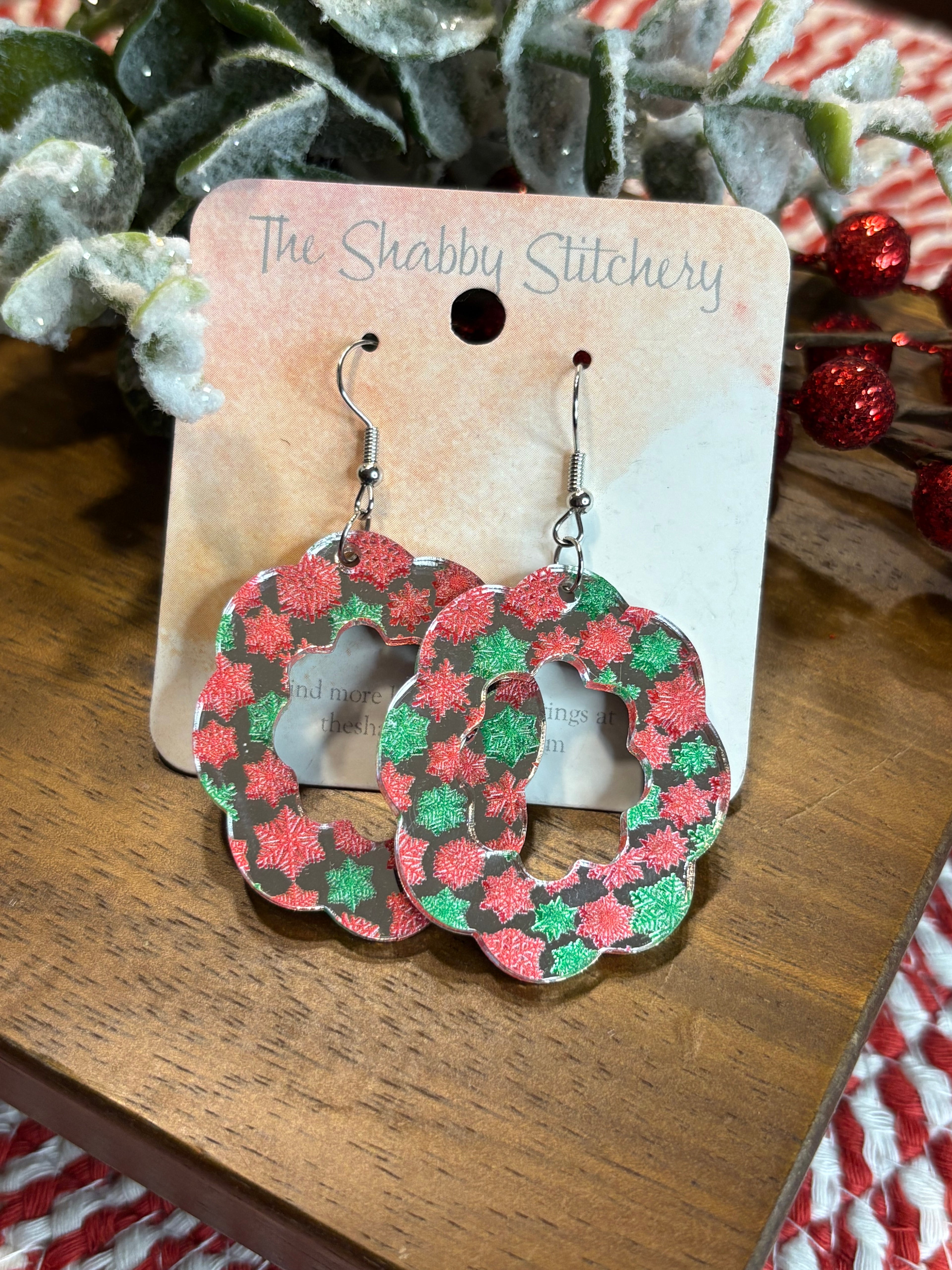 Mirrored Christmas Wreath Earrings