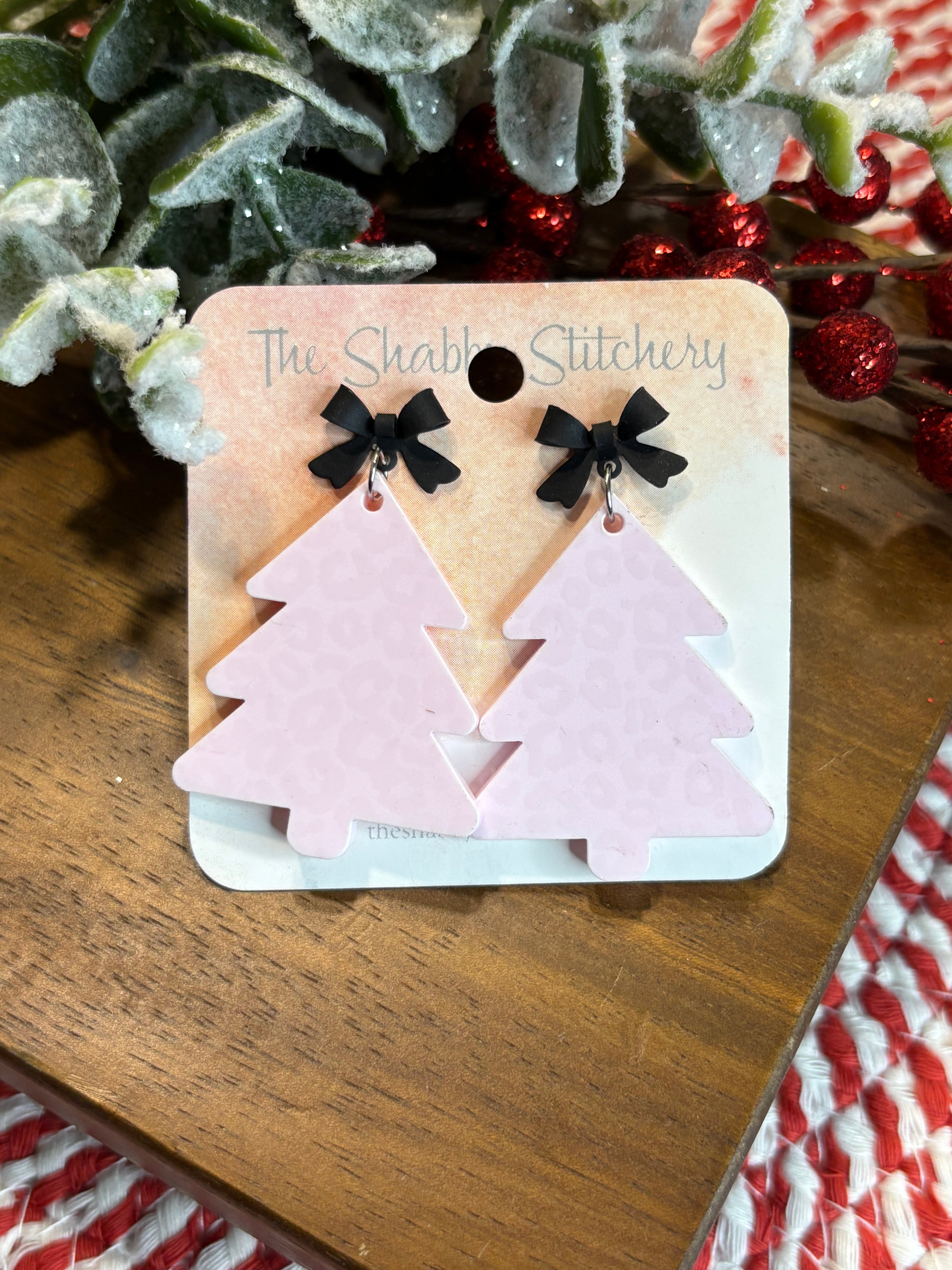 Pink Leopard Christmas Tree Earrings