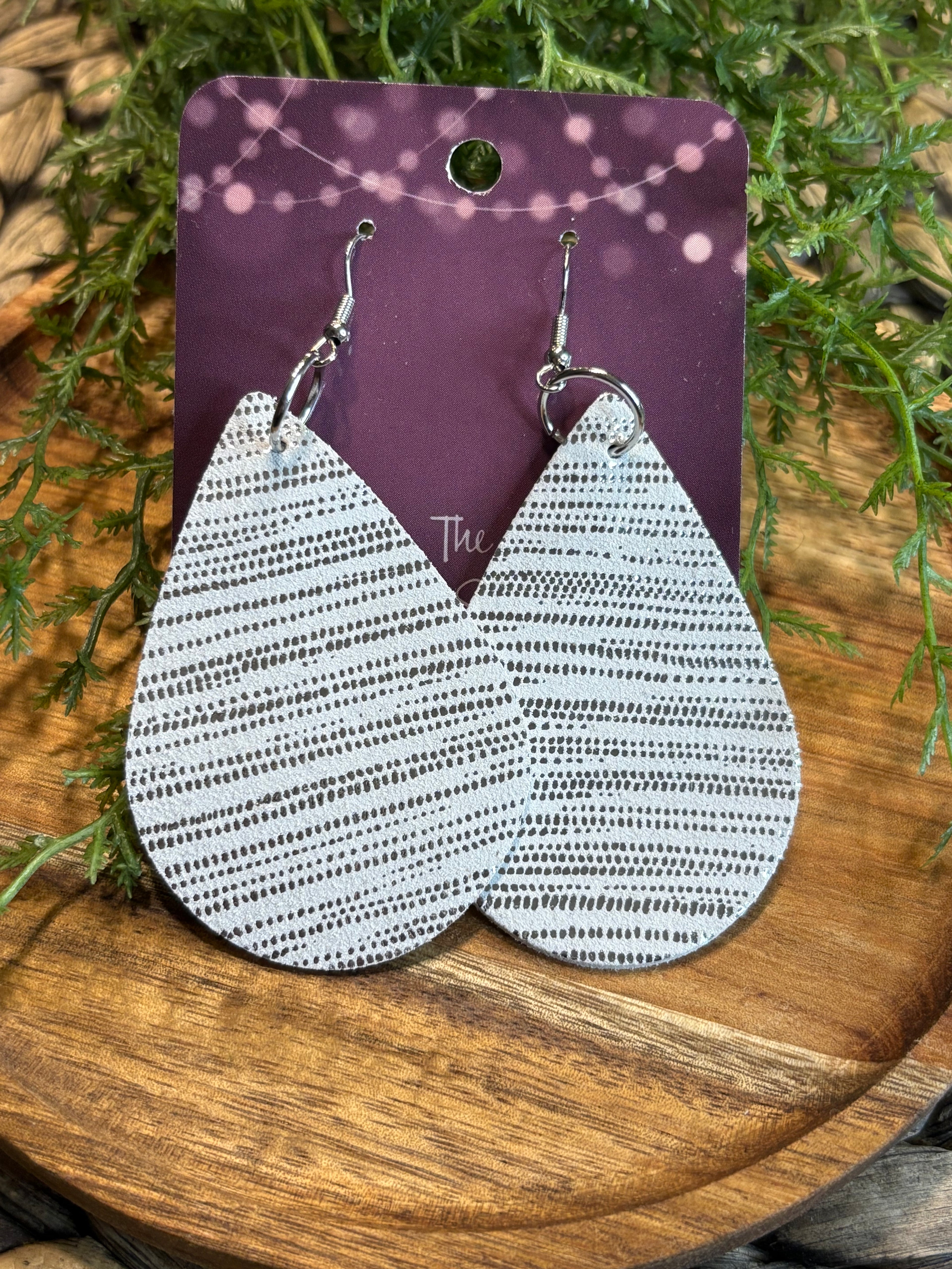 White and Silver Leather Teardrop Earrings
