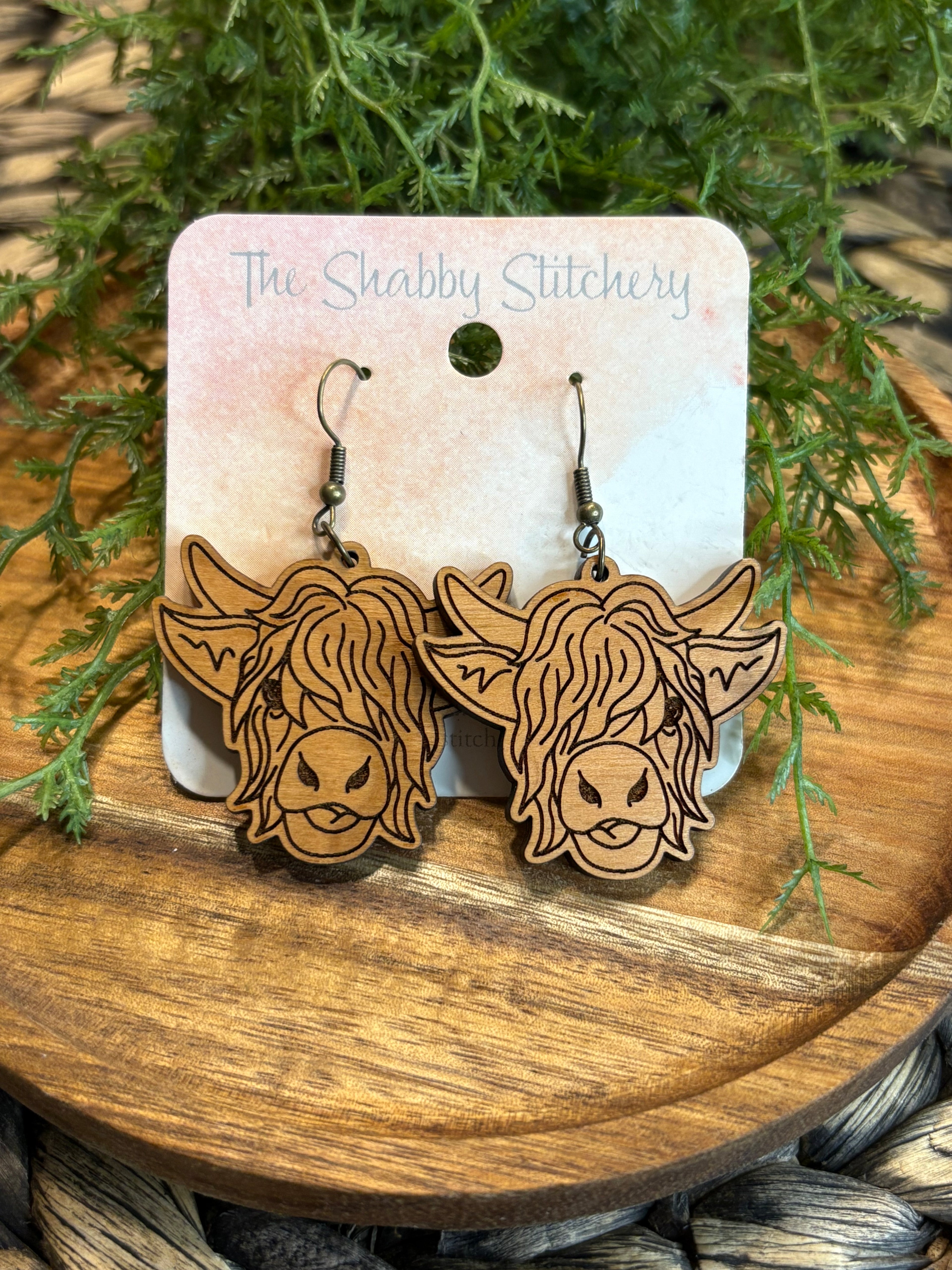 Wooden Highland Cow Earrings