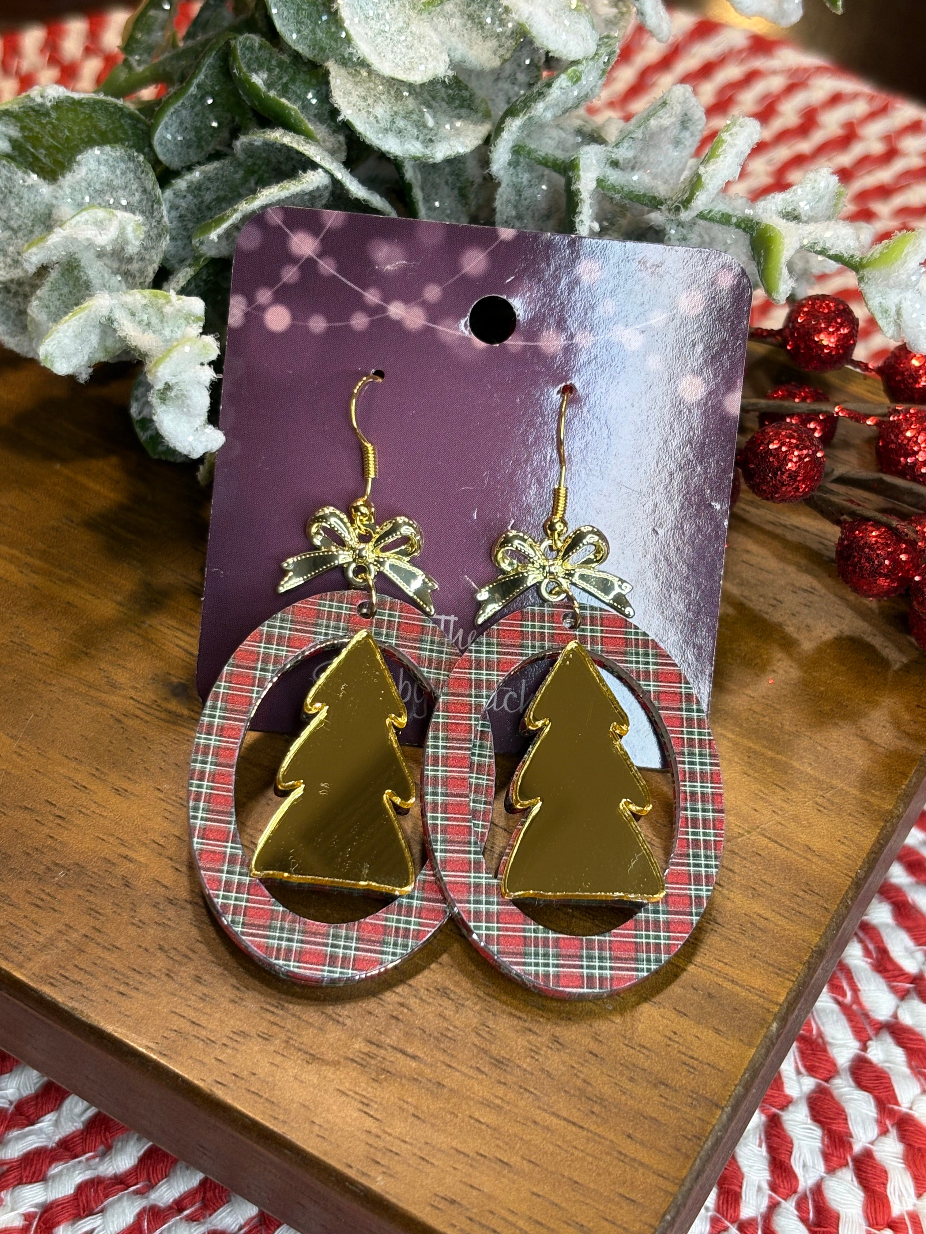 Plaid and Gold Christmas Tree Earrings