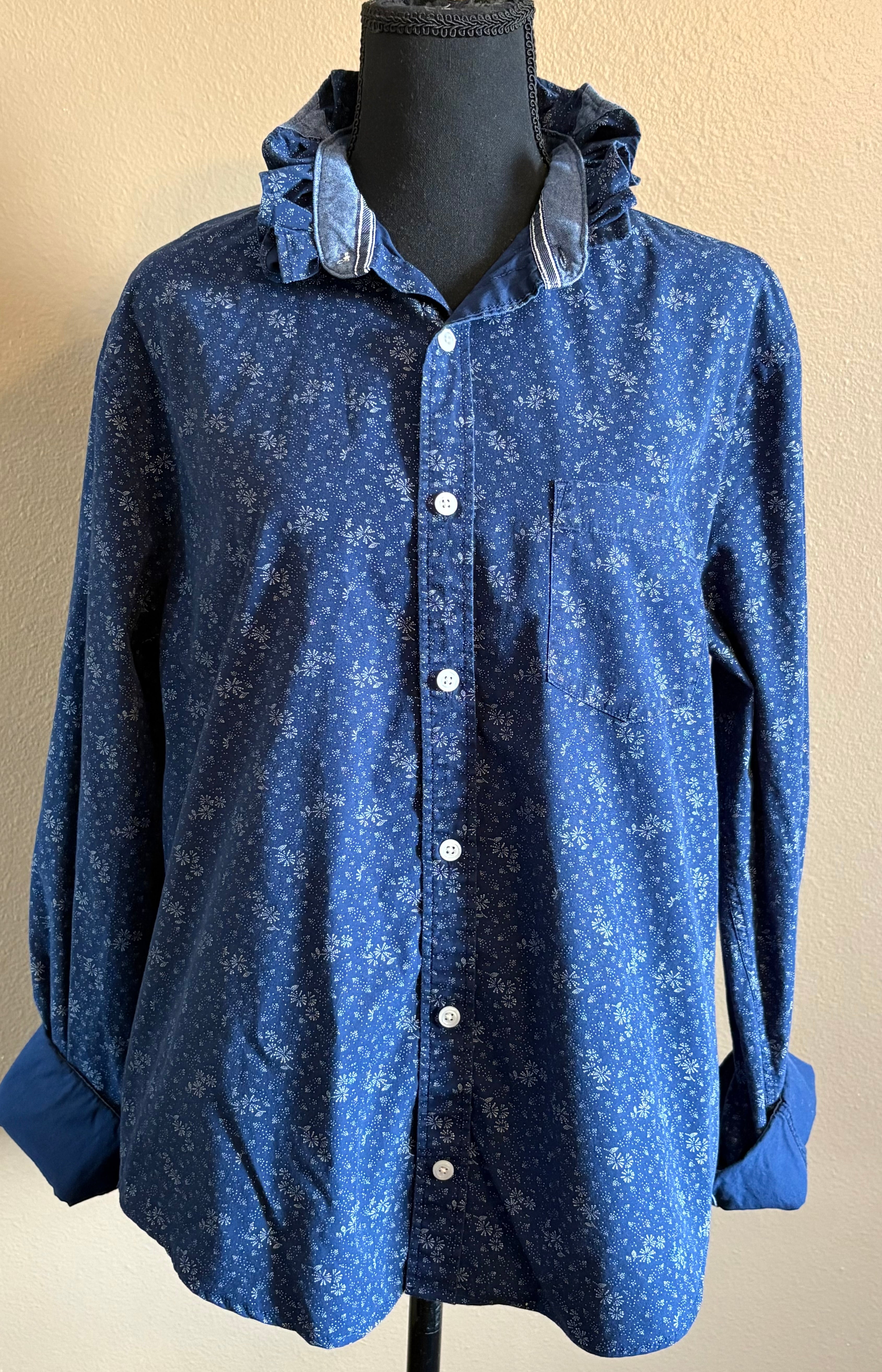 Navy and White Floral Ruffled Collar Upcycle