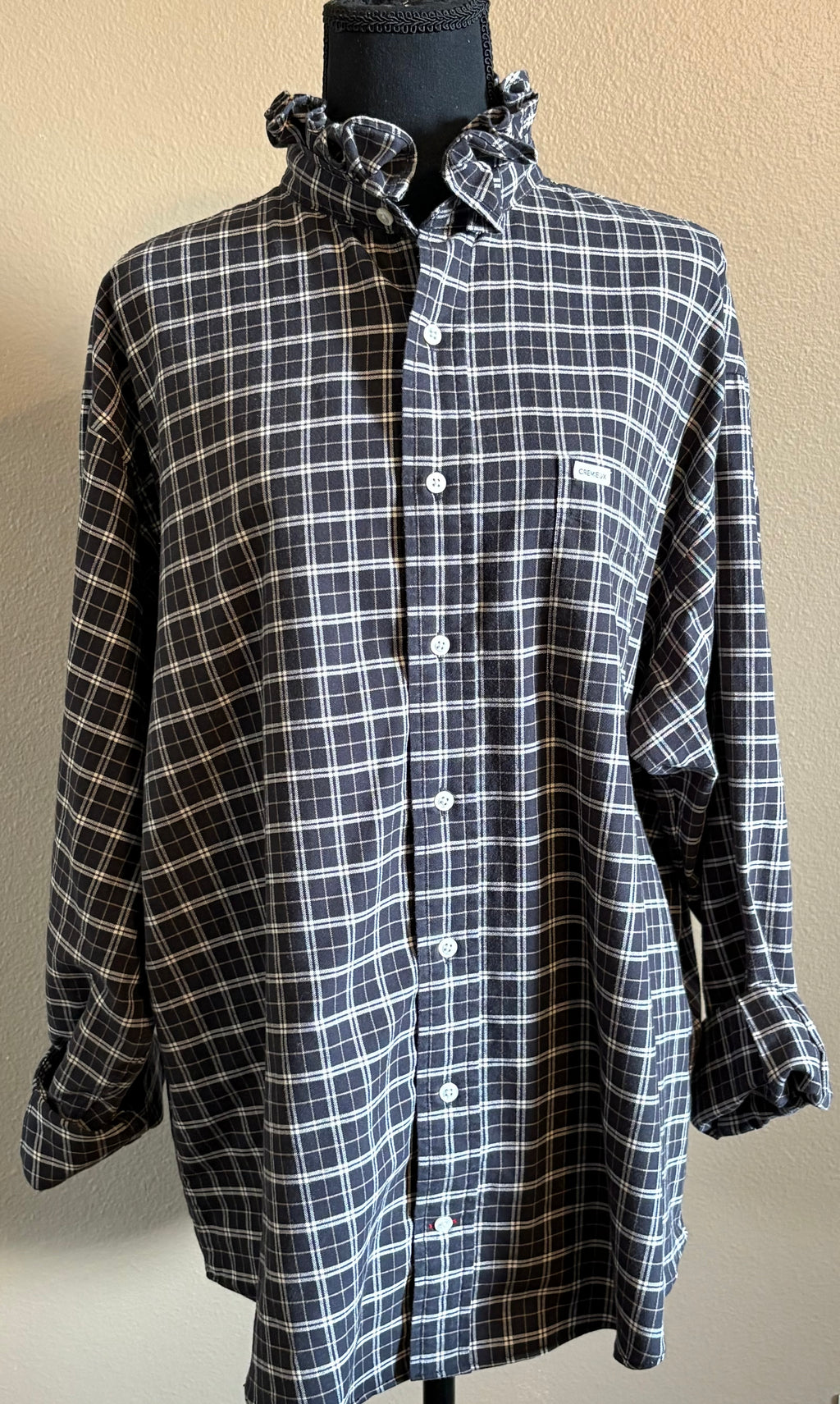 Black and Khaki Plaid Ruffled Hem Upcycle